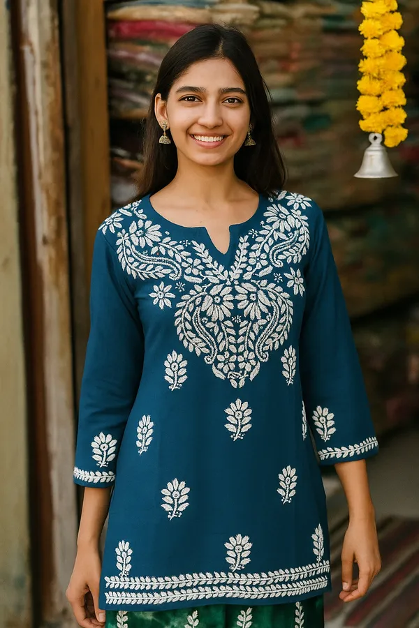 Peacock_Blue_Rayon_Regular_Fit_Short_Top_For_Women
