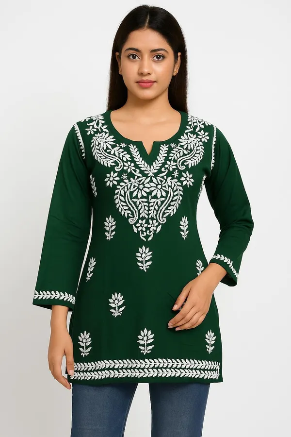 Bottle_Green_Rayon_Regular_Fit_Short_Top_For_Women