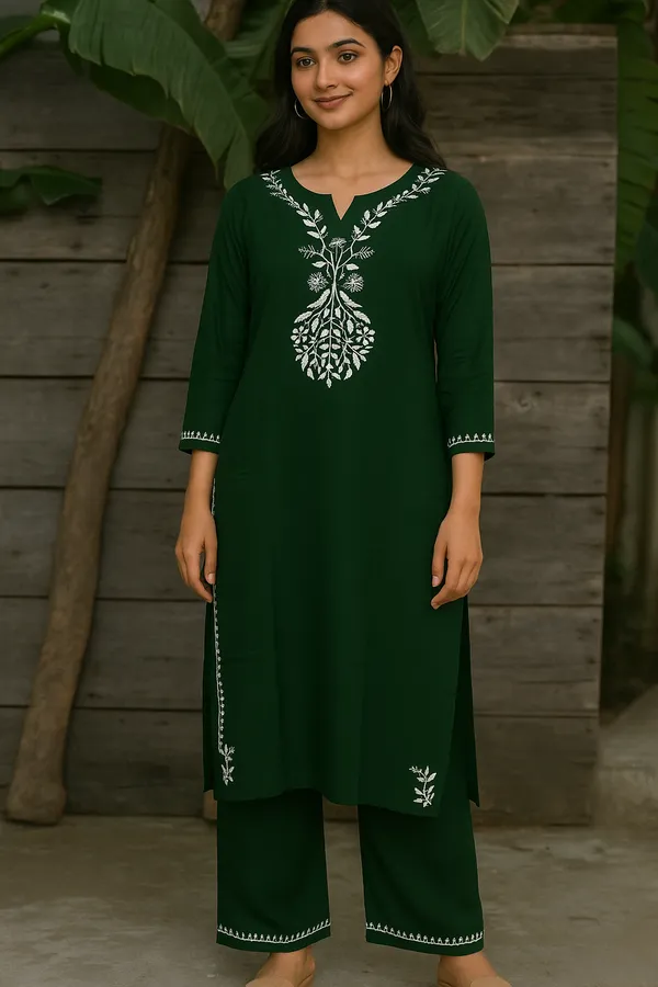 Bottle_Green_Rayon_Regular_Fit_Kurta_Set_For_Women