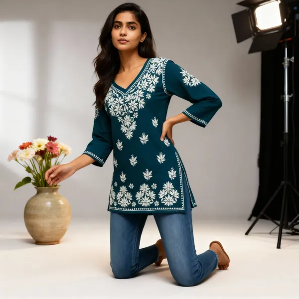 Peacock_Blue_Rayon_Regular_Fit_Short_Top_For_Women