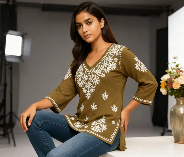 Khaki_Green_Rayon_Regular_Fit_Short_Top_For_Women