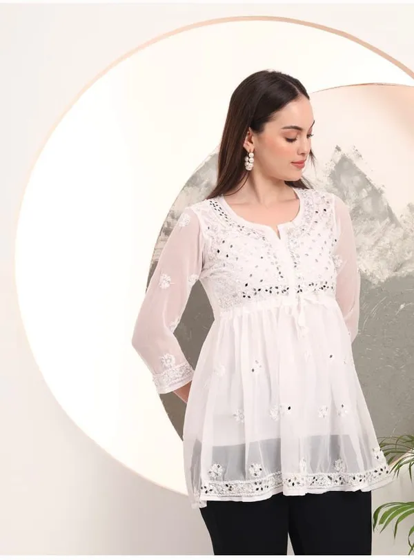 White_Dobby_Cotton_Regular_Fit_Short_Kurti_For_Women