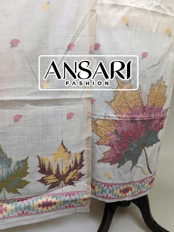 Banarasi_Tussar_Silk_Suit_Set_with_Printed_Leaf_Design_&_Jhalar_Dupatta_|_Ivory_|_Ansari_Fashion