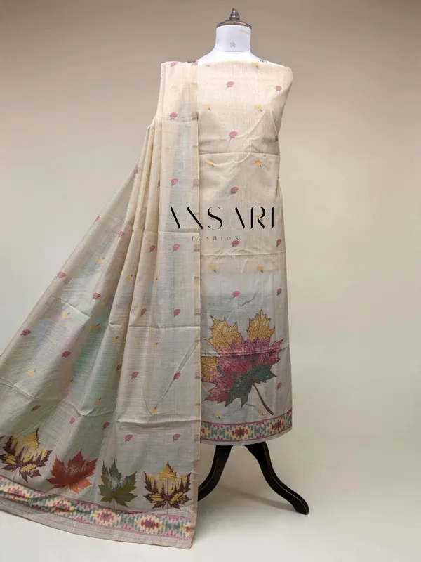 Banarasi_Tussar_Silk_Suit_Set_with_Printed_Leaf_Design_&_Jhalar_Dupatta_|_Ivory_|_Ansari_Fashion