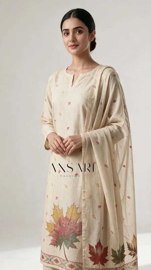 Banarasi_Tussar_Silk_Suit_Set_with_Printed_Leaf_Design_&_Jhalar_Dupatta_|_Ivory_|_Ansari_Fashion