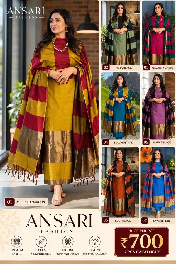 Banarasi_Cotton_Silk_Suit_Set_Wholesale_–_Zari_Daman_&_Jhalar_Dupatta_(_7_pcs_catalog_)