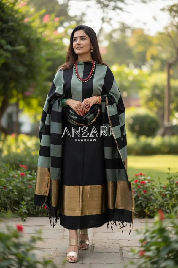 Banarasi_Crepe_Silk_Woven_Zari_Suit_Set_–_Black_with_Grey_Stripe