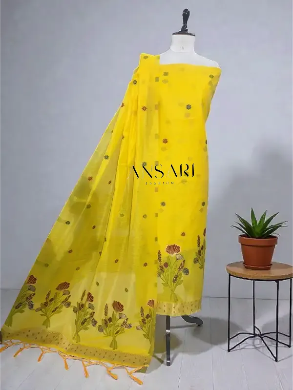 Banarasi_Jamdani_Cotton_Silk_Suit_Set_–_Lemon_Yellow