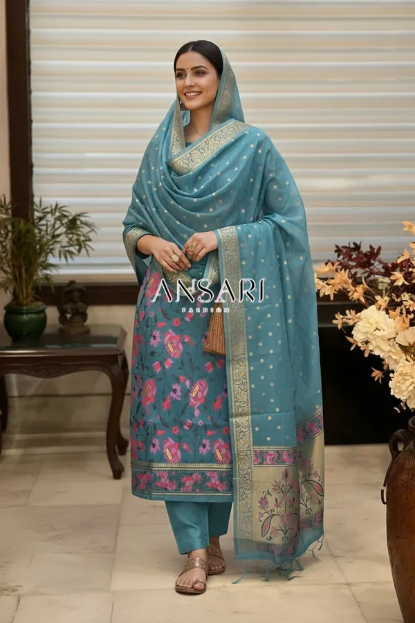 Banarasi_Jamdani_Cotton_Suit_Set_–_Sea_Green_Elegant_Ethnic_Wear