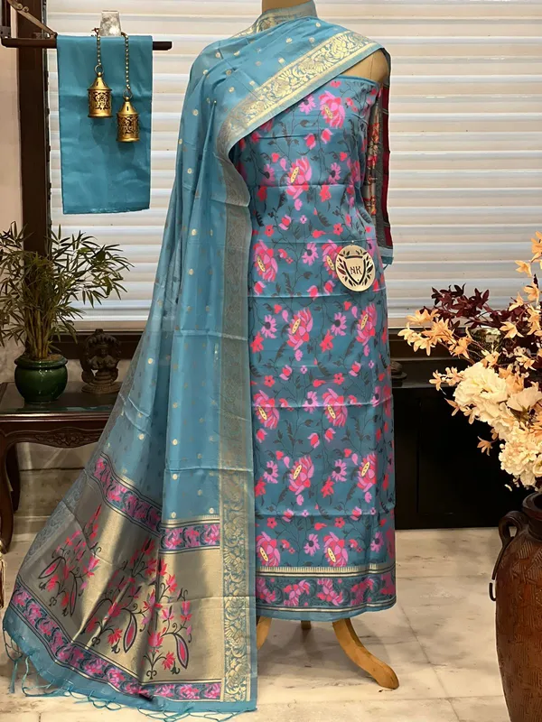 Banarasi_Jamdani_Cotton_Suit_Set_–_Sea_Green_Elegant_Ethnic_Wear