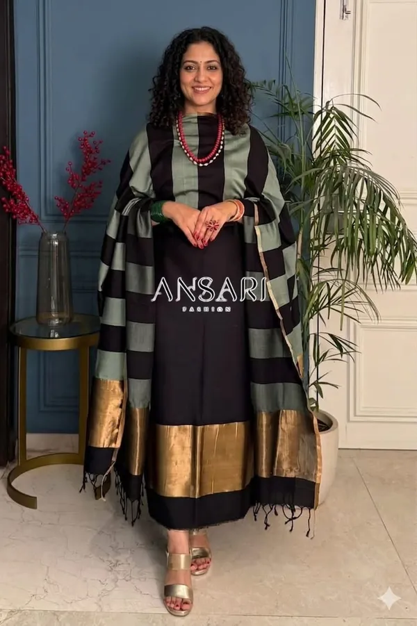 Banarasi_Suit_Black_Cotton_with_Pastel_Pista_Green_Stripe_Dupatta