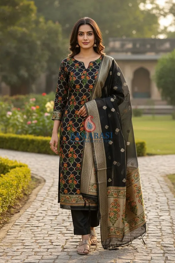 Banarasi_Suits_–_Jamdani_Silky_Cotton_Tilfi_Meena_&_Zari_Woven_with_Dupatta_–_Black