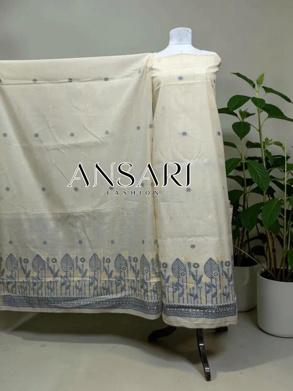 Banarasi_Tussar_Silk_Suit_Set_with_Floral_Border_&_Jhalar_Dupatta_–_Ivory_|_Ansari_Fashion