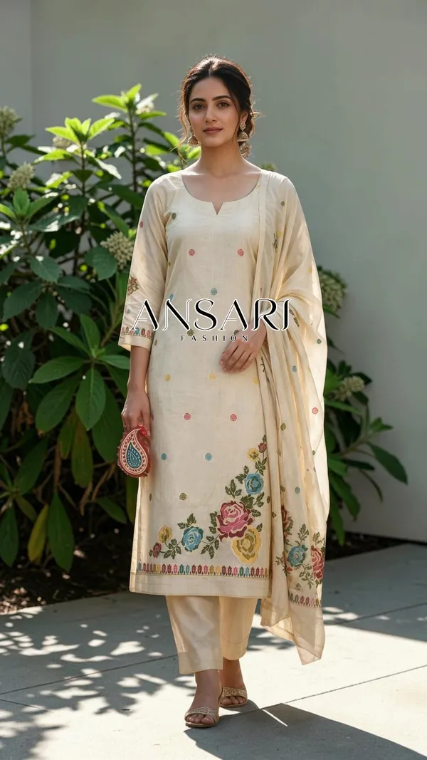 Banarasi_Tussar_Silk_Suit_Set_with_Multicolour_Floral_Border_–_Ivory_|_Ansari_Fashion