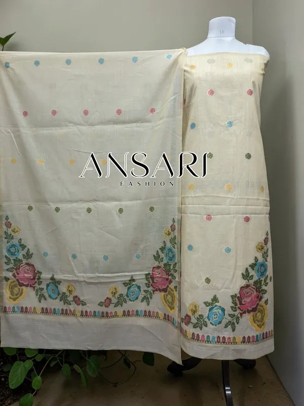 Banarasi_Tussar_Silk_Suit_Set_with_Multicolour_Floral_Border_–_Ivory_|_Ansari_Fashion