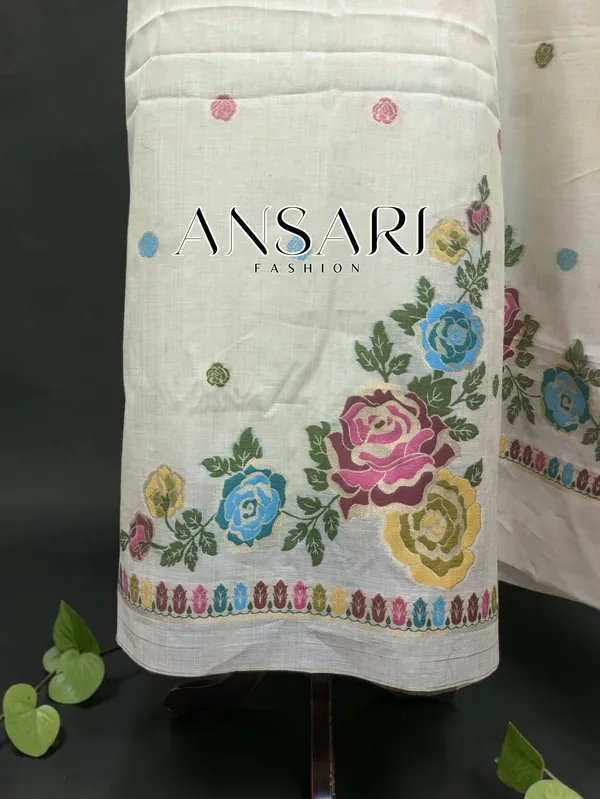 Banarasi_Tussar_Silk_Suit_Set_with_Multicolour_Floral_Border_–_Ivory_|_Ansari_Fashion