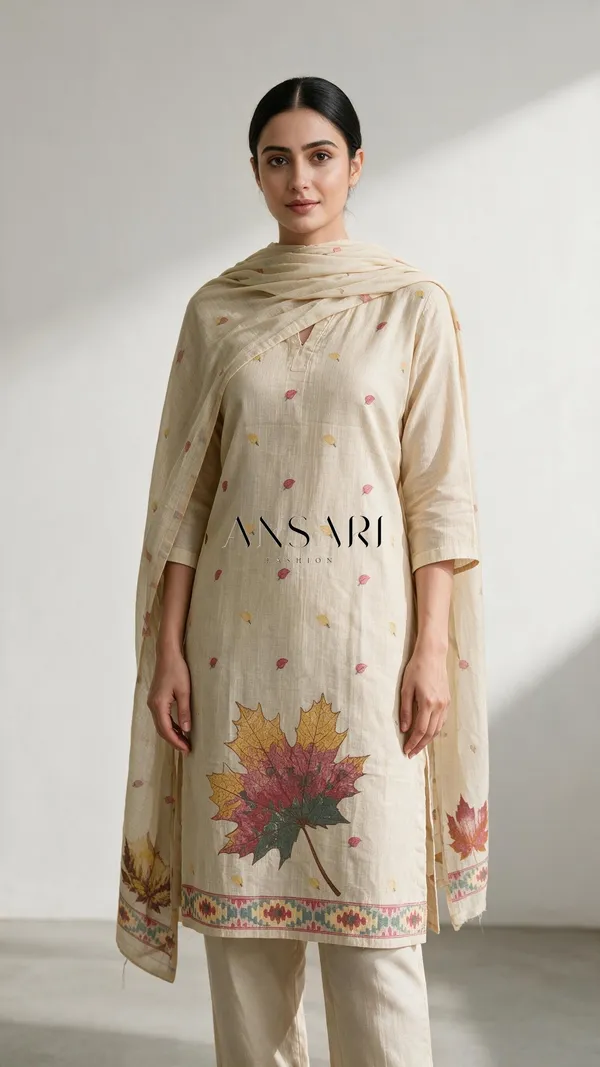 Banarasi_Tussar_Silk_Suit_Set_with_Printed_Leaf_Design_&_Jhalar_Dupatta_|_Ivory_|_Ansari_Fashion