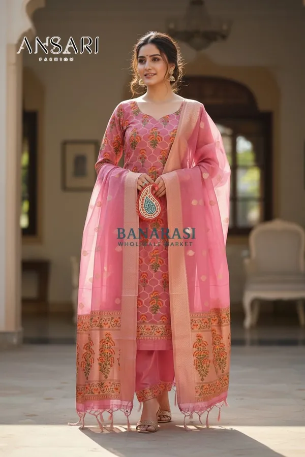 Elegant_baby_pink_Banarasi_Jamdani_Cotton_Suit_Set_with_Jhalar_Dupatta