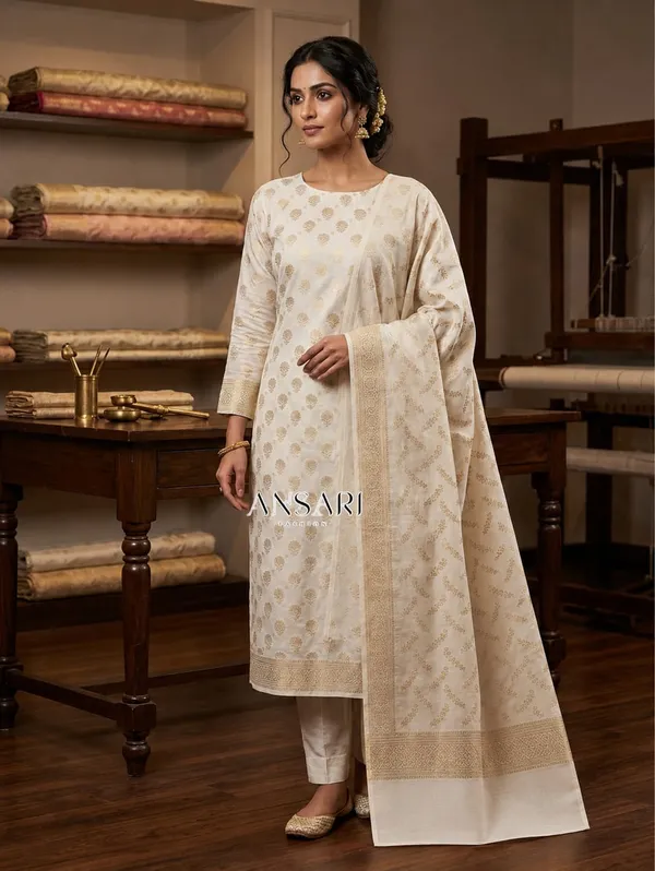 Title:__Banarasi_pure_Cotton_Suit_Set_–_Elegant_White