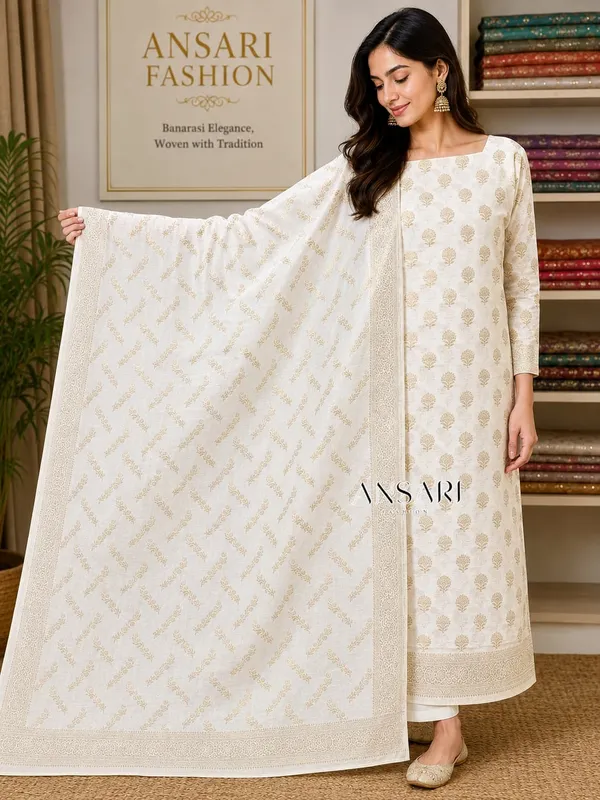 Title:__Banarasi_pure_Cotton_Suit_Set_–_Elegant_White