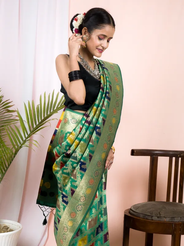 Green_Green_Semi_Katan_Rangkard_Silk_Saree_With_Silver_Zari_&_Meenakari_Weaving_–_Traditional_Festive_Wear