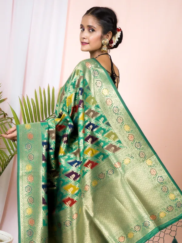 Green_Green_Semi_Katan_Rangkard_Silk_Saree_With_Silver_Zari_&_Meenakari_Weaving_–_Traditional_Festive_Wear