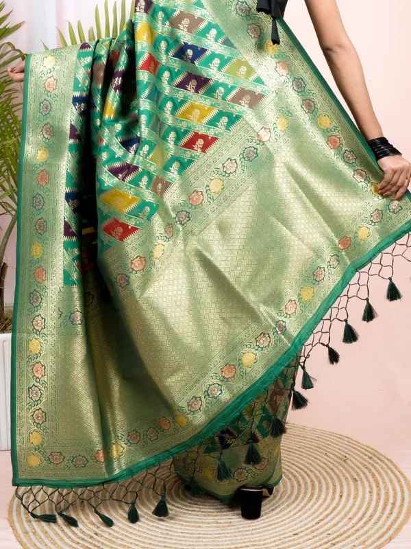 Green_Green_Semi_Katan_Rangkard_Silk_Saree_With_Silver_Zari_&_Meenakari_Weaving_–_Traditional_Festive_Wear