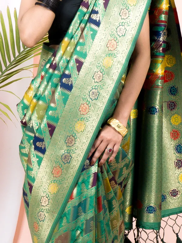 Green_Green_Semi_Katan_Rangkard_Silk_Saree_With_Silver_Zari_&_Meenakari_Weaving_–_Traditional_Festive_Wear