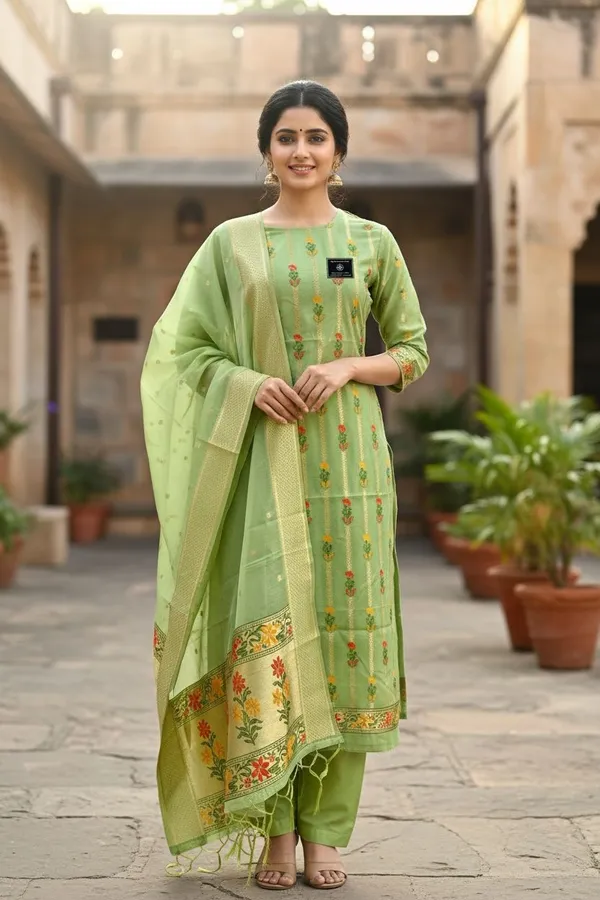 Pista_Green_Banarasi_Jamdani_Tilfi_Meena_Suit_Set_–_Handwoven_Cotton_Silk_with_Floral_Border_Dupatta
