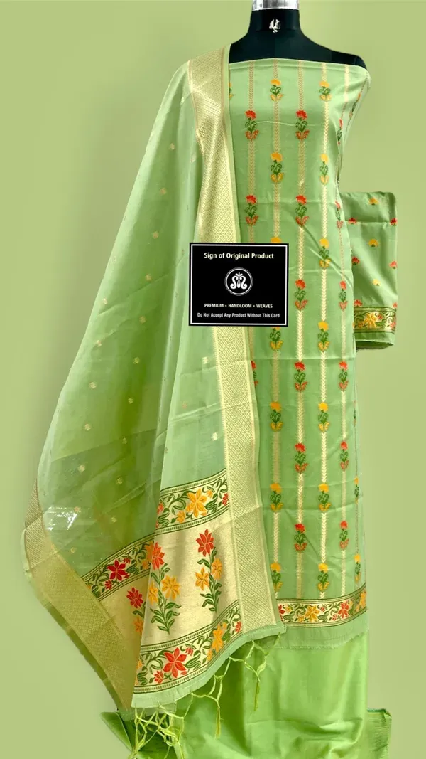 Pista_Green_Banarasi_Jamdani_Tilfi_Meena_Suit_Set_–_Handwoven_Cotton_Silk_with_Floral_Border_Dupatta
