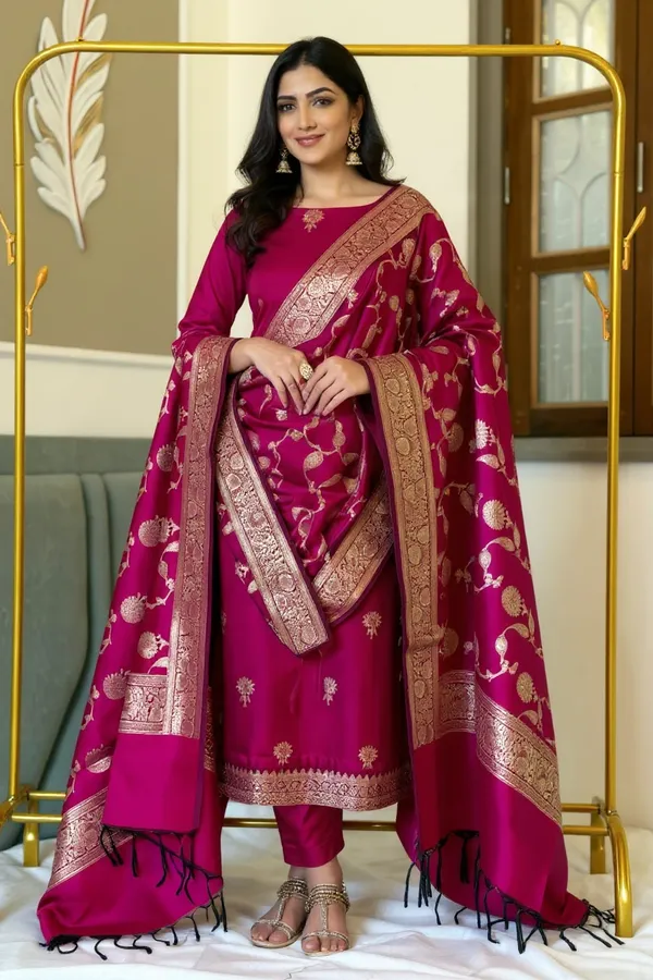 Rani_pink_Banarasi_Silk_Zari_Suit_Set