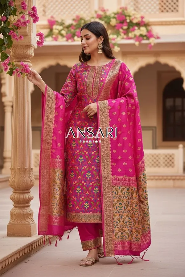 Rani_pink_Banarasi_Silk_Suit_with_Meena_Weaving_–_Matching_Top_&_Dupatta_Design_|_Premium_Unstitched_3-Piece_Set