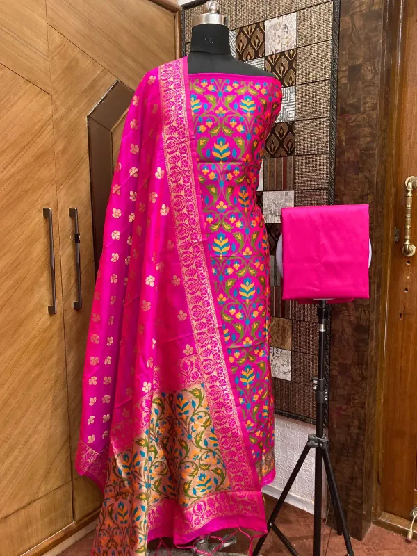 Rani_pink_Banarasi_Silk_Suit_with_Meena_Weaving_–_Matching_Top_&_Dupatta_Design_|_Premium_Unstitched_3-Piece_Set