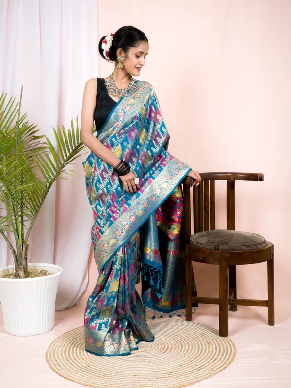 Rama_Green_Semi_Katan_Rangkard_Silk_Saree_With_Silver_Zari_&_Meenakari_Work_–_Festive_Wear