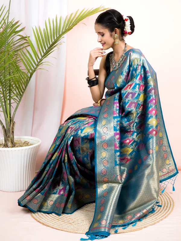 Rama_Green_Semi_Katan_Rangkard_Silk_Saree_With_Silver_Zari_&_Meenakari_Work_–_Festive_Wear
