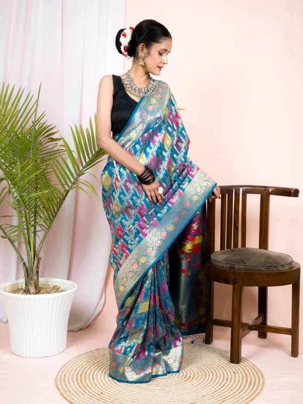 Rama_Green_Semi_Katan_Rangkard_Silk_Saree_With_Silver_Zari_&_Meenakari_Work_–_Festive_Wear