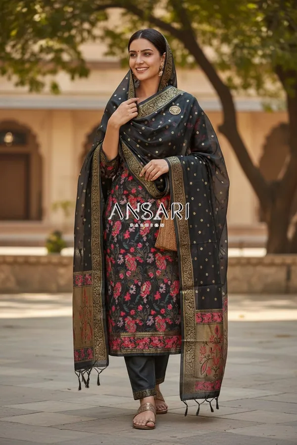 Title:__Banarasi_Jamdani_Cotton_Suit_Set_–_Elegant_Black_Traditional_Design