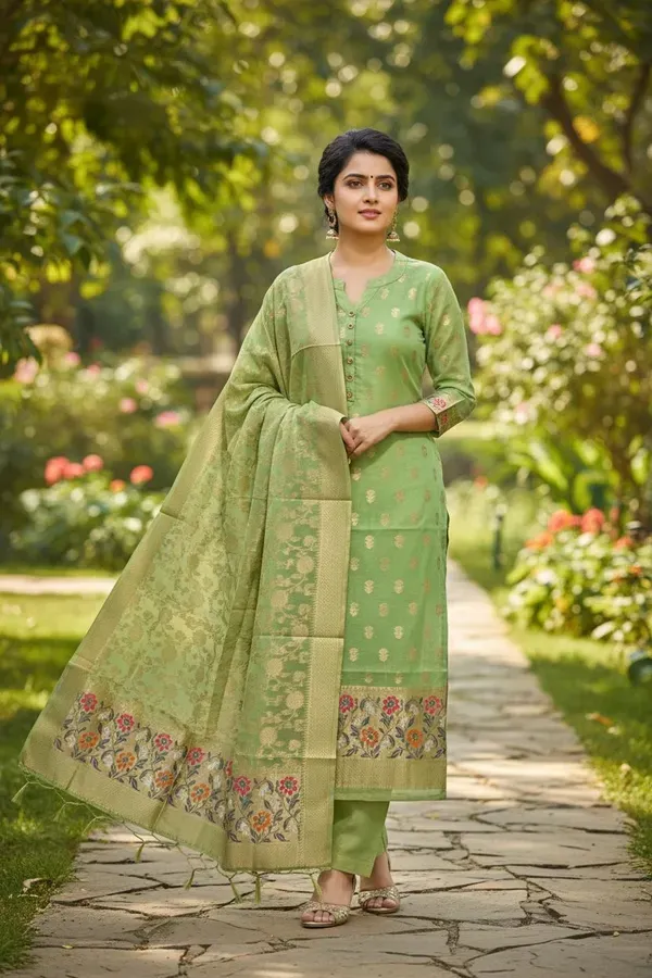 Pista_green_Banarasi_Tilfi_Jamdani_Suit_–_Premium_Cotton_with_Meena_Zari_Dupatta