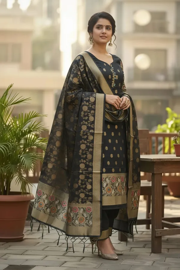 Black_banarasi_cotton_Suit_With_gold_Zari_Buti_for_Women