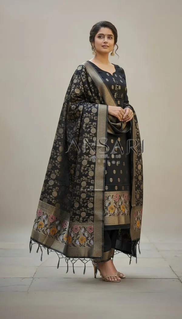 Black_banarasi_cotton_Suit_With_gold_Zari_Buti_for_Women