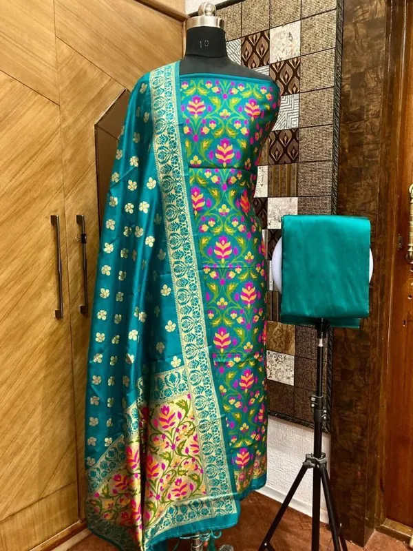 Rama_Banarasi_Silk_Suit_with_Meena_Weaving_–_Matching_Top_&_Dupatta_Design_|_Premium_Unstitched_3-Piece_Set