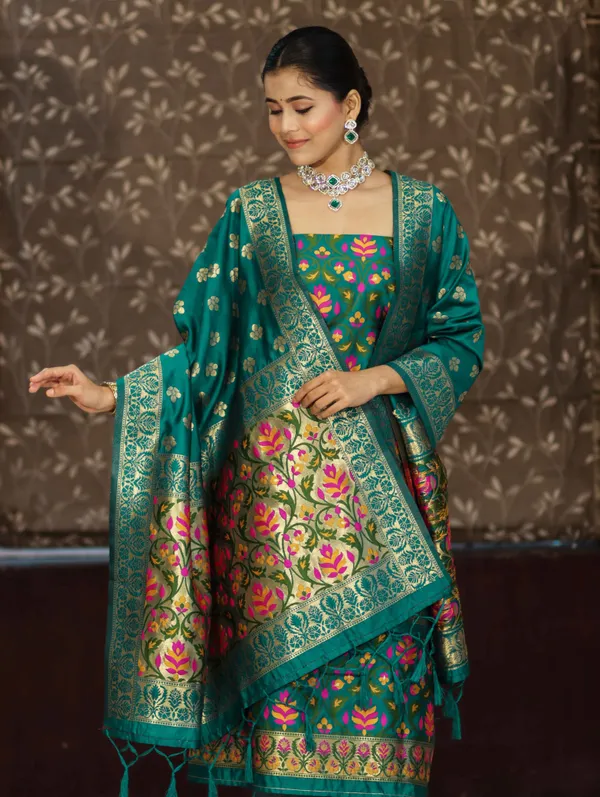 Rama_Banarasi_Silk_Suit_with_Meena_Weaving_–_Matching_Top_&_Dupatta_Design_|_Premium_Unstitched_3-Piece_Set
