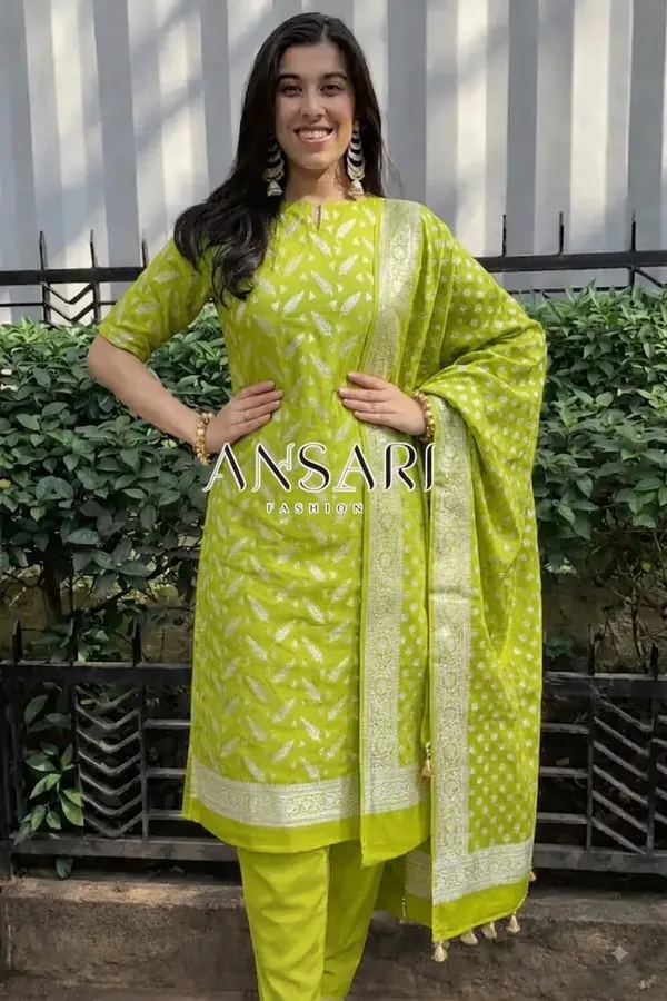 Title:__Ansari_Fashion_Banarasi_Cotton_Dyeable_Suit_Set_–_mehendi_green