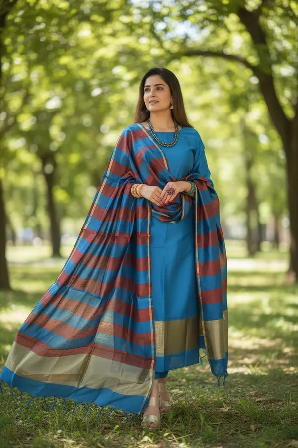 Banarasi_Suits_–_Cotton_with_Zari_Pallu_Dupatta_–_Jarman_Blue_with_Red_Stripe