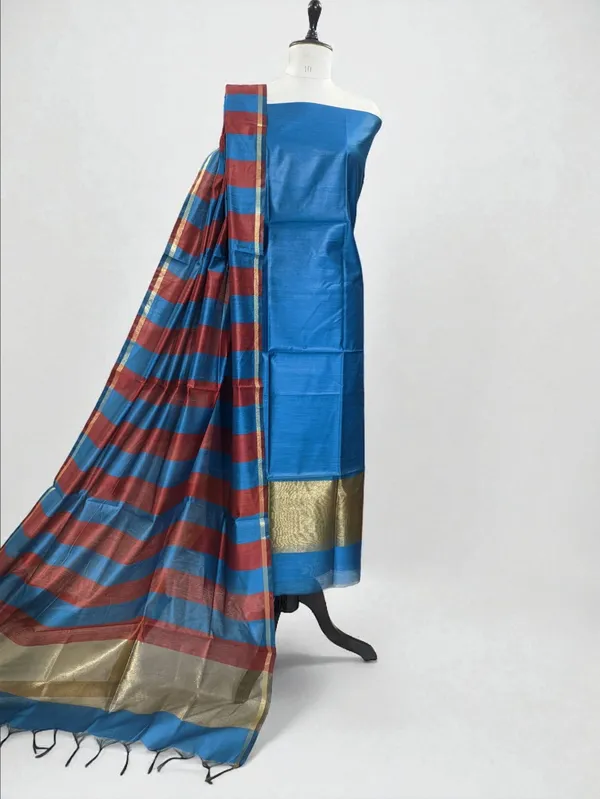 Banarasi_Suits_–_Cotton_with_Zari_Pallu_Dupatta_–_Jarman_Blue_with_Red_Stripe