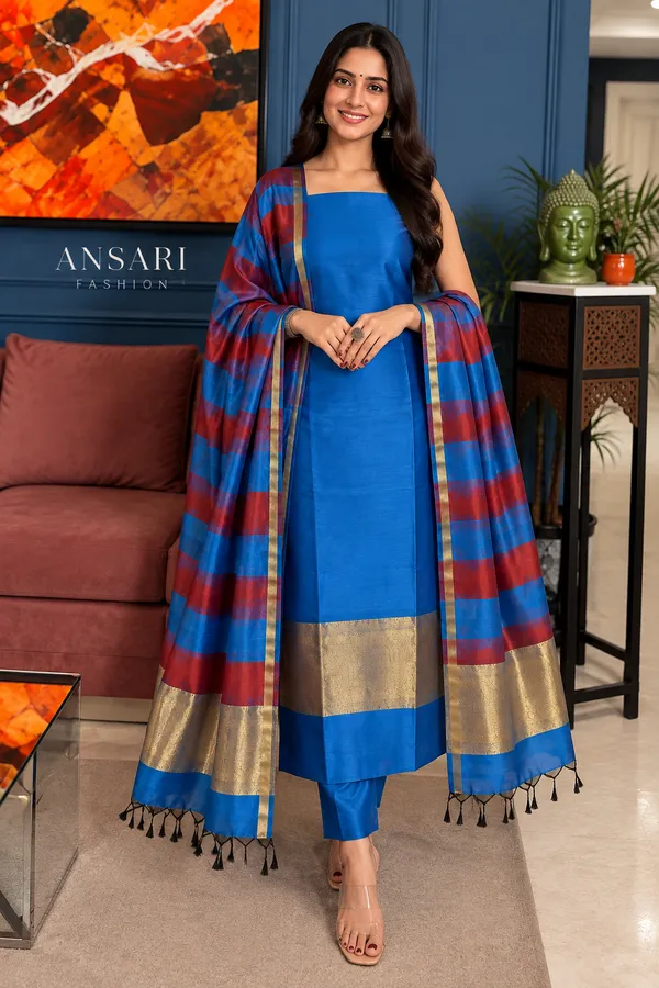 Banarasi_Suits_–_Cotton_with_Zari_Pallu_Dupatta_–_Jarman_Blue_with_Red_Stripe