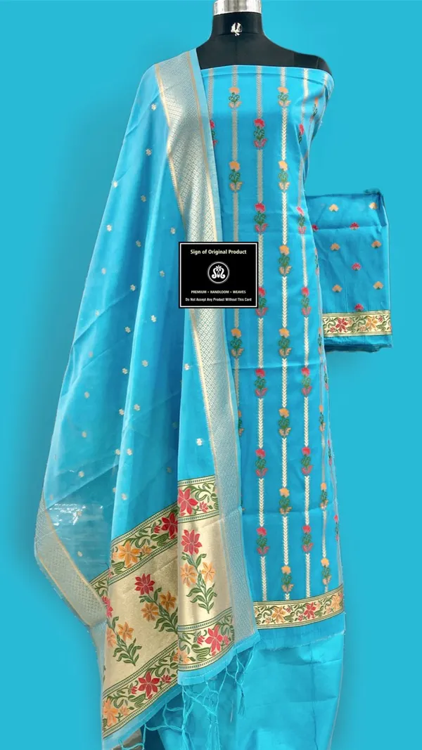 Sky_Blue_Silk_Unstitched_Suit_Material_With_Zari_Border_For_Women