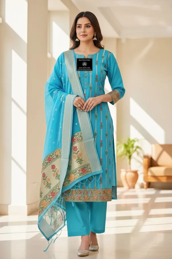 Sky_Blue_Silk_Unstitched_Suit_Material_With_Zari_Border_For_Women