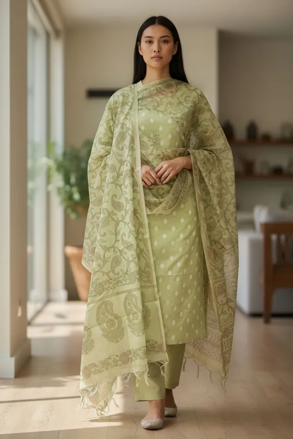 Banarasi_Suits_–_Chanderi_Buti_with_Tie-Dye_Dupatta_–_Pista_Green