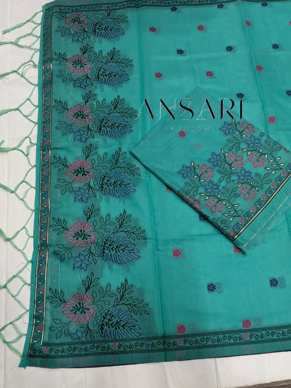 Banarasi_Jamdani_Cotton_Suit_–_Sea_Green_Floral_Buti_&_Jhalar_Dupatta